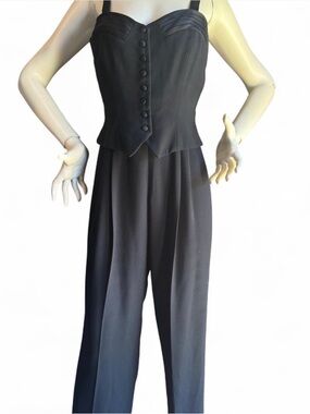 Kenar 90s vintage black tailored jumpsuit minimalist button front wide leg